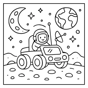 Página para colorear de un rover lunar en un viaje por la superficie de la Luna, ideal para niños y familias