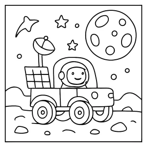 Página para colorear de un rover lunar viajando por la superficie de la Luna, ideal para imprimir y colorear.