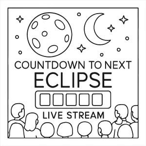 Página para colorear de una asamblea escolar temática lunar con cuenta atrás para el próximo eclipse y transmisión en vivo