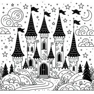 página para colorear de un castillo mágico con banderas y estrellas para niños