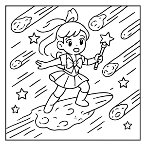 Página para colorear de una chica mágica surfeando en una lluvia de meteoritos, ideal para imprimir y colorear gratis.