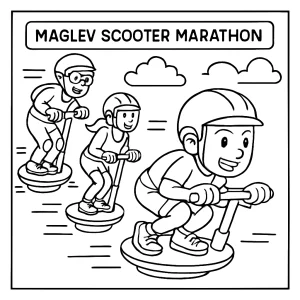 Página para colorear de maratón de patinetes maglev con niños compitiendo en vehículos futuristas