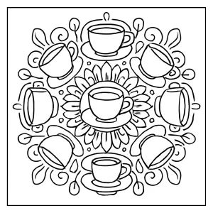 Página para colorear de mandala hecha de tazas de café, imprimible y gratis