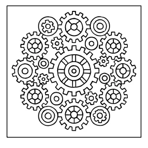 Página para colorear de mandala formada por engranajes mecánicos, ideal para imprimir y colorear en casa