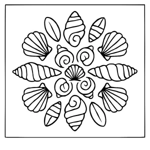 Página para colorear de mandala formada por conchas marinas, ideal para imprimir y colorear en casa.