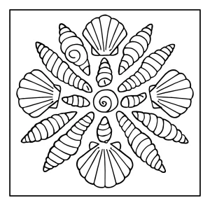Página para colorear de mandala formada por conchas marinas, ideal para imprimir y colorear en casa.