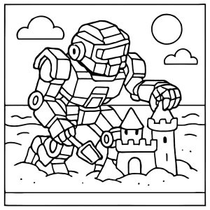 Omaľovánka mech bojovník stavia pieskový hrad na pláži - coloring page pre deti