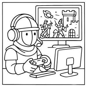 Página para colorear de un gamer medieval transmitiendo en vivo un asedio de castillo