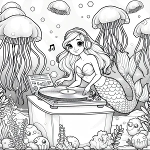Sirena DJ en fiesta submarina página para colorear con discos y medusas brillantes