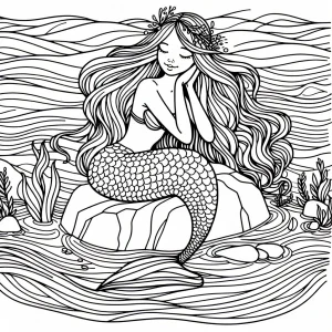 Página para colorear de una sirena cepillando su cabello sentada en una roca junto al mar