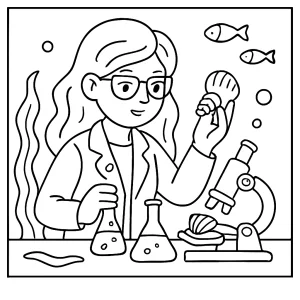 Página para colorear de una sirena científica analizando conchas marinas en un laboratorio submarino