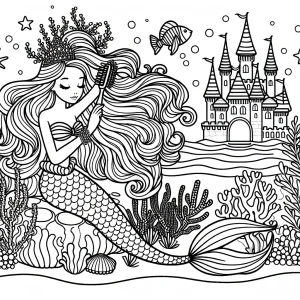 página para colorear de princesa sirena peinando su cabello entre castillos de coral mágicos