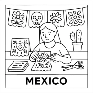 Página para colorear de taller de papel picado mexicano para niños