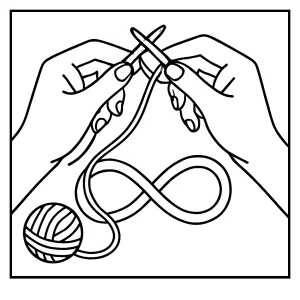 Manos tejiendo hilo en símbolo infinito, página para colorear gratis para imprimir