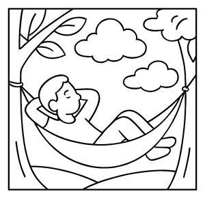 Página para colorear de niño en hamaca practicando mindfulness y observando nubes