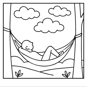 Page de coloriage gratuite représentant un enfant sur un hamac regardant les nuages, idéale pour pratiquer la pleine conscience.