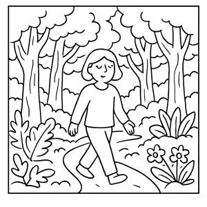 Page de coloriage bain de forêt pour pratiquer la pleine conscience, idéale pour enfants et adultes à imprimer gratuitement