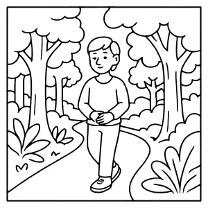 Sendero de baño forestal mindfulness página para colorear con árboles y naturaleza para imprimir y colorear gratis
