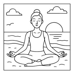 Page de coloriage représentant une personne pratiquant le yoga sur une plage au coucher du soleil, idéale pour la relaxation et la pleine conscience.
