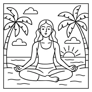 Page de coloriage gratuite représentant une personne faisant du yoga sur la plage au coucher de soleil