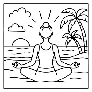 Página para colorear de yoga suave en la playa al atardecer, ideal para niños y adultos