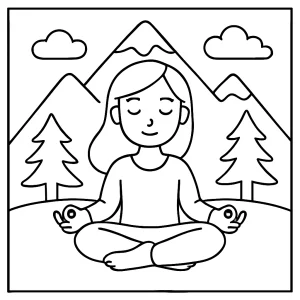 page de coloriage gratuite représentant un exercice de respiration montagne pour la pleine conscience chez les enfants