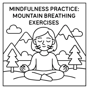 Página para colorear de ejercicio de respiración montaña, ideal para practicar mindfulness y relajación infantil