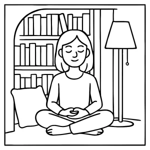 Página para colorear de un rincón de biblioteca tranquilo con libros, estanterías y una silla de lectura