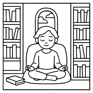 página para colorear de un rincón tranquilo de biblioteca con estantes, libros y sillón