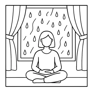 Page de coloriage gratuite représentant une méditation de pleine conscience sous la pluie, vue depuis une fenêtre