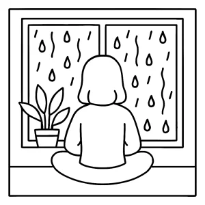 Escena de meditación junto a una ventana con lluvia, página para colorear
