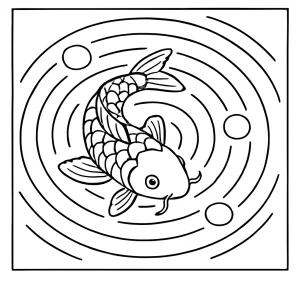 page de coloriage gratuite représentant un poisson koi zen avec des ondes d'eau, à imprimer et colorier