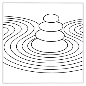 Página para colorear de jardín zen minimalista con arena rastrillada y piedras equilibradas