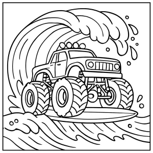 Monster truck surfing tsunami omalovánka – coloring page na vytlačenie pre deti