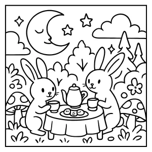 Moon Rabbit Tea Party página para colorear gratuita de un conejo lunar y amigos en una fiesta de té en reino encantado