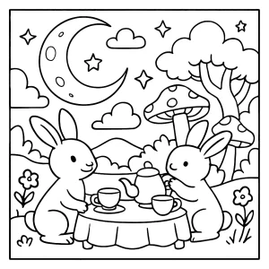 Página para colorear de la fiesta de té del conejo lunar en un reino encantado