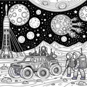 Página para colorear de una base lunar futurista con astronautas explorando y un rover bajo un cielo estrellado