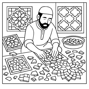 página para colorear de taller de azulejos marroquíes ensamblando patrones zellige