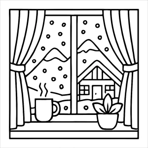 page de coloriage gratuite représentant la vue depuis une fenêtre de chalet de montagne avec la neige qui tombe