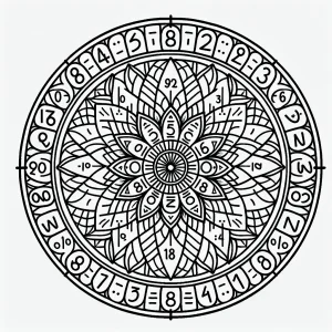 página para colorear de mandala con rueda de multiplicación y patrones matemáticos