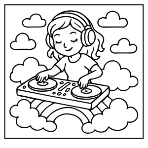 Página para colorear de una chica DJ mezclando vinilos sobre nubes de arcoíris