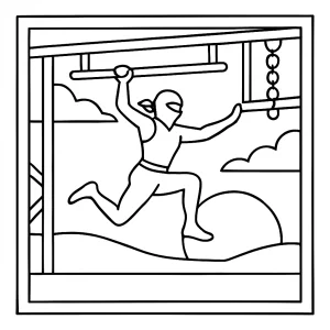 Página para colorear de un atleta ninja warrior en silueta sobre un fondo de atardecer