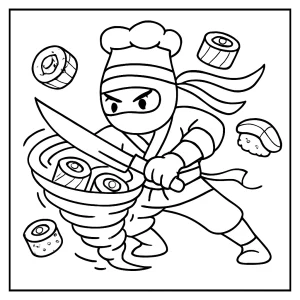 Chef ninja cortando un tornado de sushi, página para colorear gratis para imprimir