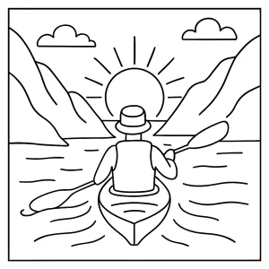 Malvorlage: Kajakfahrer zwischen norwegischen Fjorden unter der Mitternachtssonne – kostenlose coloring page zum Ausdrucken.