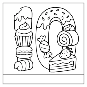 Página para colorear del número 10 formado por postres dulces, lista para imprimir y colorear