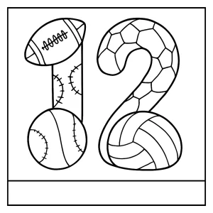 página para colorear del número 12 hecho con pelotas deportivas para niños