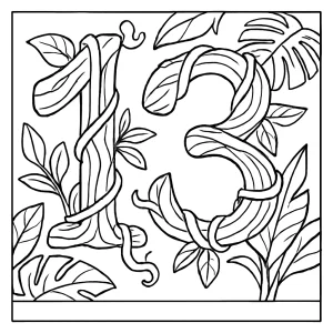página para colorear del número 13 hecho de lianas de la jungla para imprimir y colorear