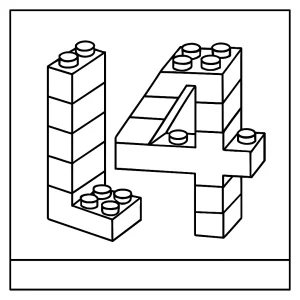 Página para colorear del número 14 formado por bloques de construcción, ideal para niños