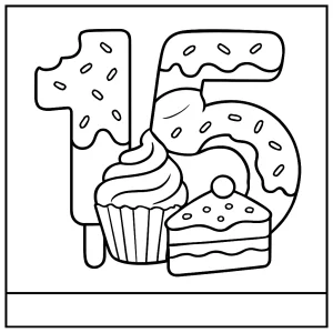 Página para colorear del número 15 hecho de postres dulces para imprimir y colorear