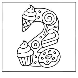 Página para colorear del número 2 hecho de postres dulces para imprimir